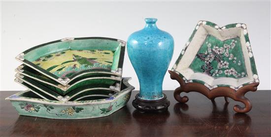 Six various Chinese famille verte glazed biscuit supper dishes and a turquoise glazed meiping, 18th century,